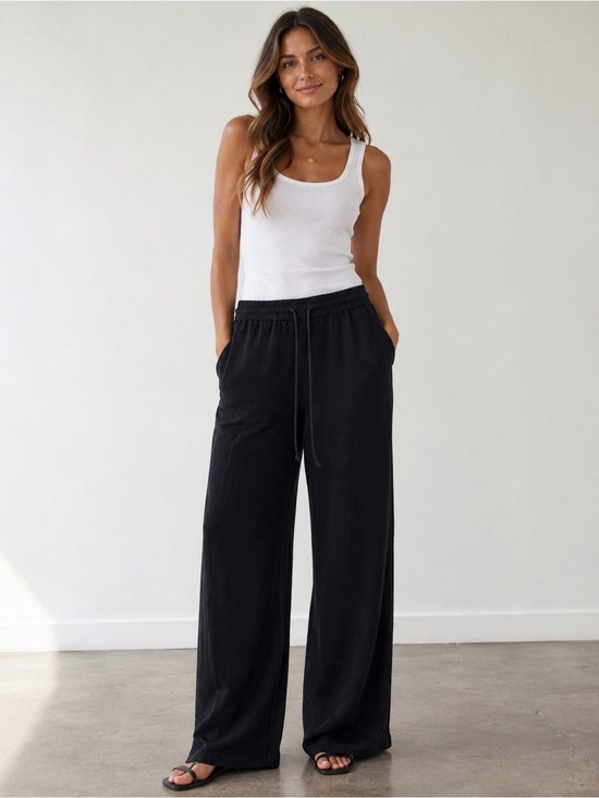 HALARA Pants - Halara High Waist Drawstring Wide Leg Linen Feel Pants Black xl NWT